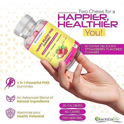 Image of PMS Gummies - Happy Flow PMS Support Supplement for Women - Strawberry PMS Relief Supplement with Vitamin B6 for Hormone Balance, Period Support, Cramps, Hormonal Acne & Bloating Relief (60 Count)