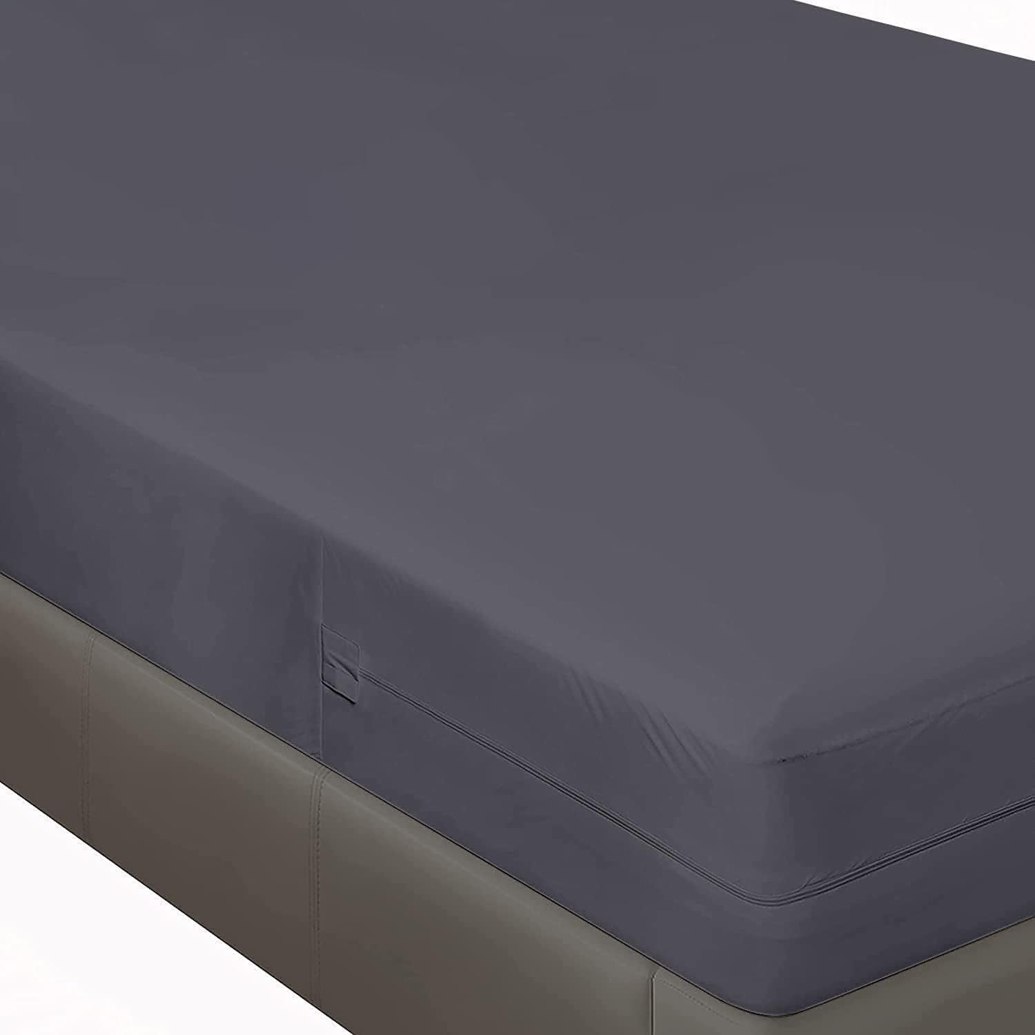 Elegant Decor 3 Piece Zipper Fitted Sheet - 100% Egyptian Cotton - 500 Thread Count - 12" Deep Pocket - Premium Hotel Quality Fitted Sheet - Luxuryly Soft Sheet with 2 Pillowcase - Dark Grey (Queen)