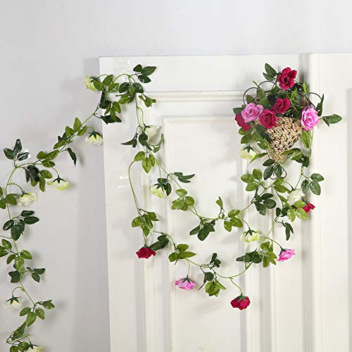 JUSTOYOU 2 stuks 240 cm lange tweekleurige kunstrozenslinger-ranken, hangende zijden bloemen, kunstbloemen voor buiten- en binnen, bruiloft- en muurdecoratie (magenta) - Afbeelding 5