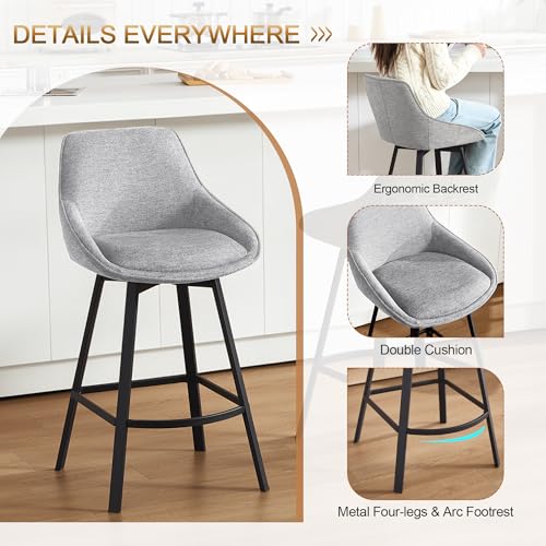 Image of Zesthouse Swivel Bar Stools Set of 3, Modern Counter Height Barstools with Backs, 26'' Upholstered Linen Fabric High Chairs for Island Kitchen, Counter Height Chairs with Metal Legs, Grey