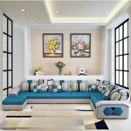 Image of Torque Silvester 12 Seater Sofa Set for Living Room (Blue) | Interchangeable U Shape Sectional Sofa | Solid Wood Frame & High-Density Supersoft Foam | Includes Puffy & Stool | Modern Home Furniture