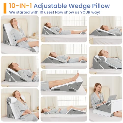 Image of Sasttie Wedge Pillow Set for After Surgery, 3PCS Adjustable Bed Wedge Pillow Headboard with Memory Foam Neck Cushion - for Acid Reflux, Sleeping, Neck & Back Support, Dark Grey & White