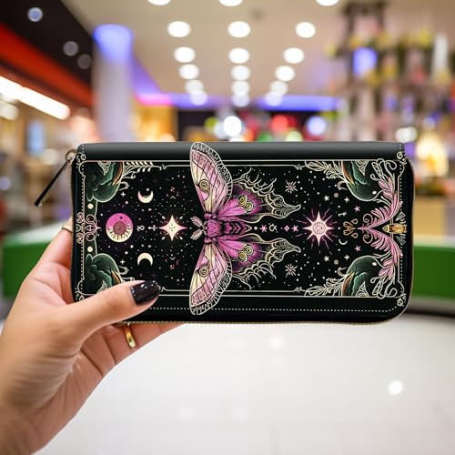 Wallet,Leather Long Wallet Suitable For Ladies And Teenagers - Detachable Wristband + RFID Travel Wallet With Card Slot - Floral Moon Moth4