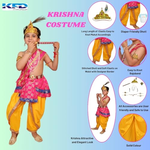 Image of Kaku Fancy Dresses Krishna Costume With Dhoti For Boy /Janmashtami /Bal Gopal Dress /Kanha Costume /Bal Krishna /Mythological Costume For Boy - Yellow-Red, 1-2 Years