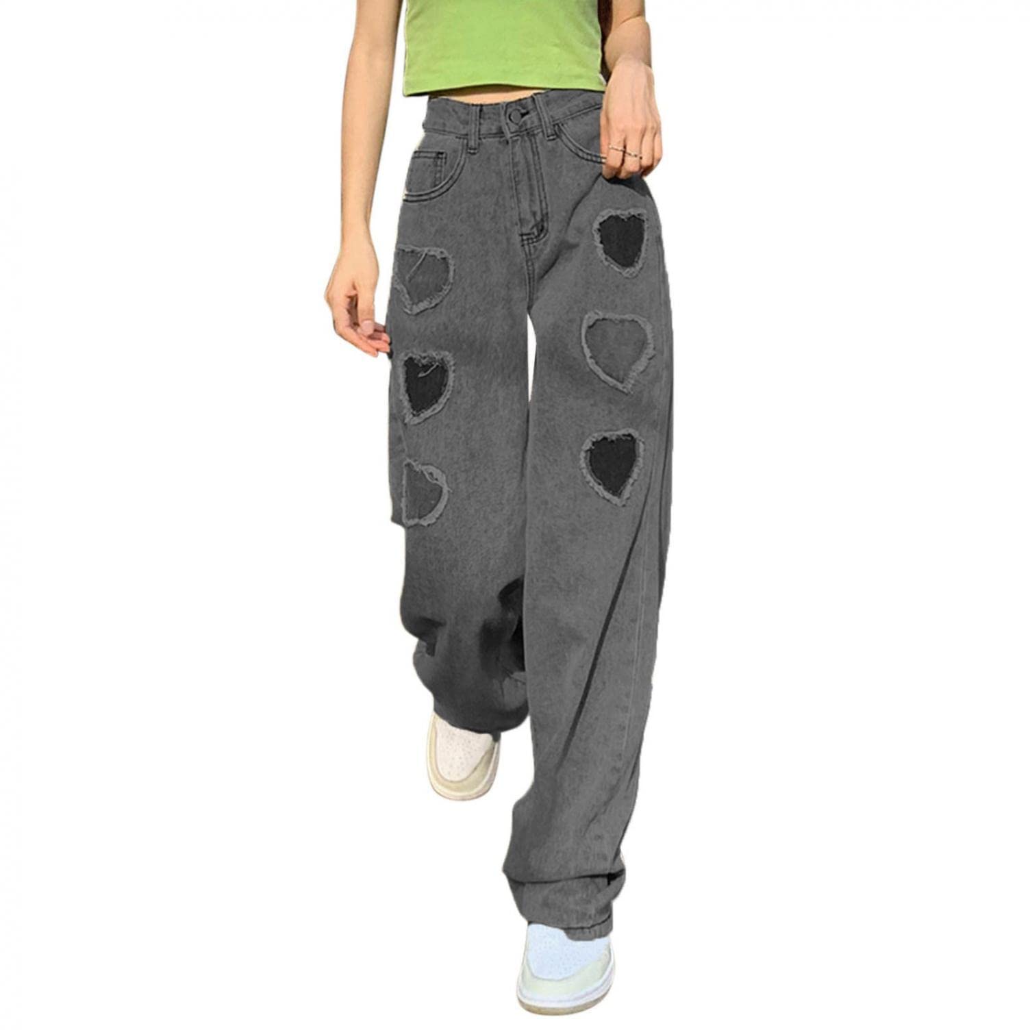 IQYU Baggy Jeans voor dames, hoge taille: tienermeisjes, jeans, tweekleurige broek, rechte pijpen, boyfriend, jeans, Harajuku, streetwear, pants-denim jeans, Harajuku Y2k broek, grijs, L