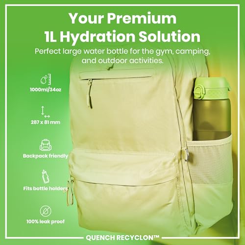 ion8 1 Liter Trinkflasche, 1000ml, Auslaufsicher, Einhandöffnung, Sichere Verriegelung, Spülmaschinenfest, BPA-frei, Tragegriff, Leicht zu Reinigen, Ideal für Sport und Fitnessstudio, Grün