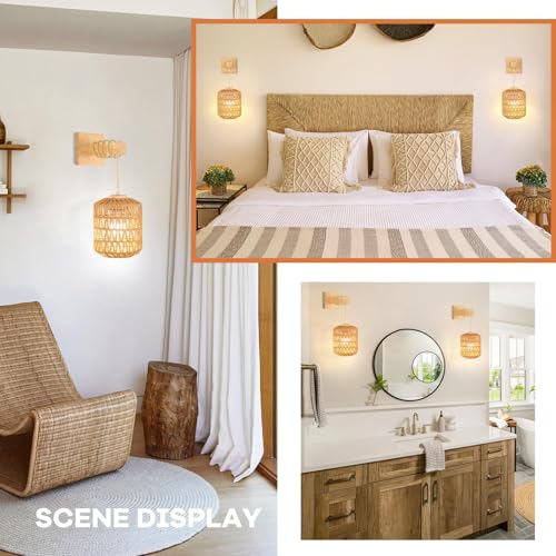 Image of Wood Wall Sconce Battery Operated Set of 2, Boho Rechargeable Rattan Wall Light with Remote Control, Farmhouse Dimmable Wireless Rustic Wall Lamp Indoor for Bedroom Living Room hallways Foyer