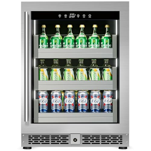 24 Inch Beverage Fridge,154 Cans Beverage Refrigerator Cooler with Glass Door,Undercounter Built-in/Freestanding Fridge for Drink Beer and Soda,Bar Office Home and Outdoor Use,Low Noise（34-50℉)