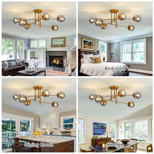 Image of 6-Lights Glass Globe Chandelier Modern Flush Mount Ceiling Light Fixture Gold Farmhouse Lighting for Dining Room Living Room Bedroom Kitchen Passageway.