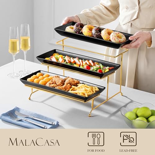 MALACASA 3 Tier Serving Trays for Party, 14 Inch Porcelain Black Trays for Serving Food, Dessert Stand with Collapsible Gold Metal Rack by MALACASA - Image 3