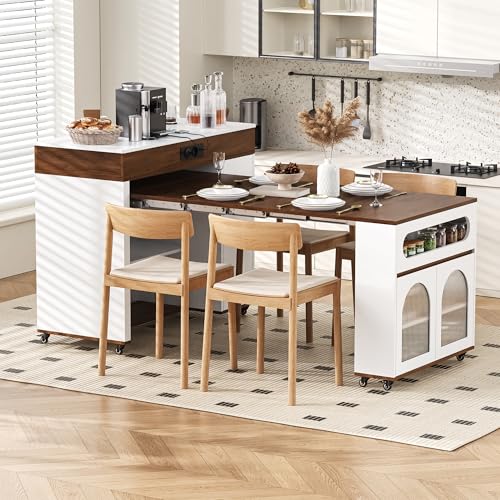 îLot De Cuisine Sur Roulettes,îLot De Cuisine RéTractable,Table Multiprises 1 Tiroir Et 3 Portes D'Armoire Sert D'îLot De Buffet Ou De Table De Bar Pour La...