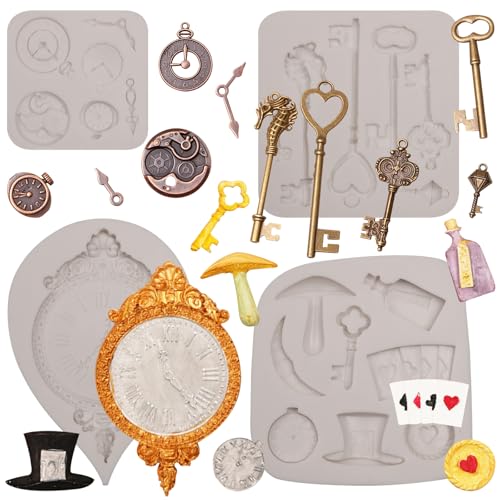 Lot de 4 décorations de gâteau au pays des merveilles - Chapeau, cartes à jouer, poker - Moules en silicone vintage - Porte-clés vintage - Moules à...