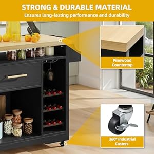 Dwvo 53 inch kitchen island with power outlet wine storage farmhouse island cabinet portable rolling islands cart on wheels with thick table top drawer glass holder spice rack black  urban country home decor