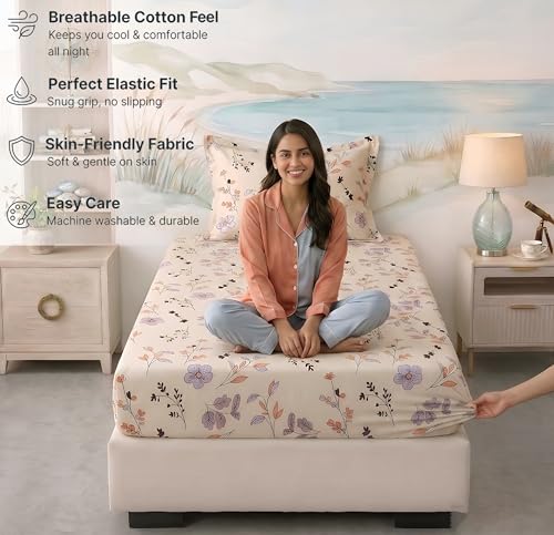 Image of BSB HOME 220 TC Cotton Fitted Single Bedsheet with 1 Pillow Cover, Soft Breathable, Elastic Fit, Fade Resistant, Easy Care - 36 x 72 + 6 Inches (Ivory Blossom Multi)