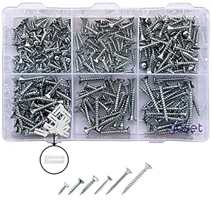 Jaset Innovations Chipboard Screw with SAW Thread and Nylon Wood Dowel White Zinc Plated Flat Pozidriv Counter Sunk Head Assorted Small Sizes Pack of 258 pcs