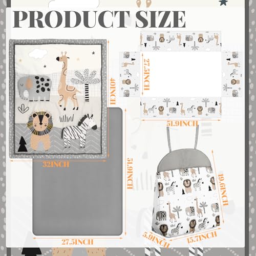 Image of 4 Piece Woodland Forest Animals Crib Bedding Set, Including Jungle Safari Crib Skirt, Blanket, Nursery Bed Sheet and Diaper Stacker, Soft Neutral Nursery Standard Size Baby Bedding for Baby Girls Boys