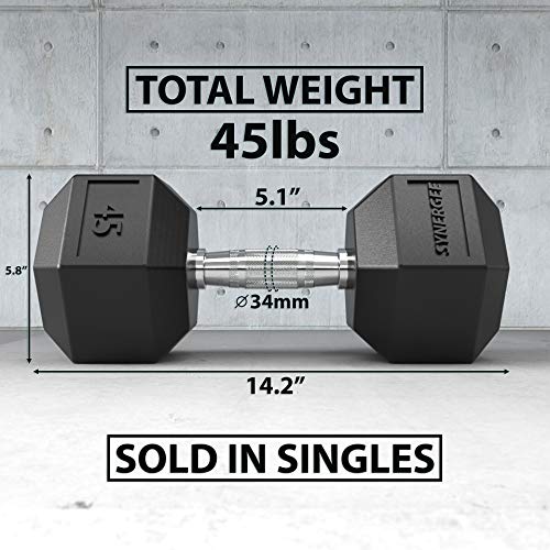 Synergee 45 Lb Rubber Encased Hex Dumbbells With Chrome Handle. Sold Individually All Purpose Weights For Strength & Conditioning Training. #TOP2