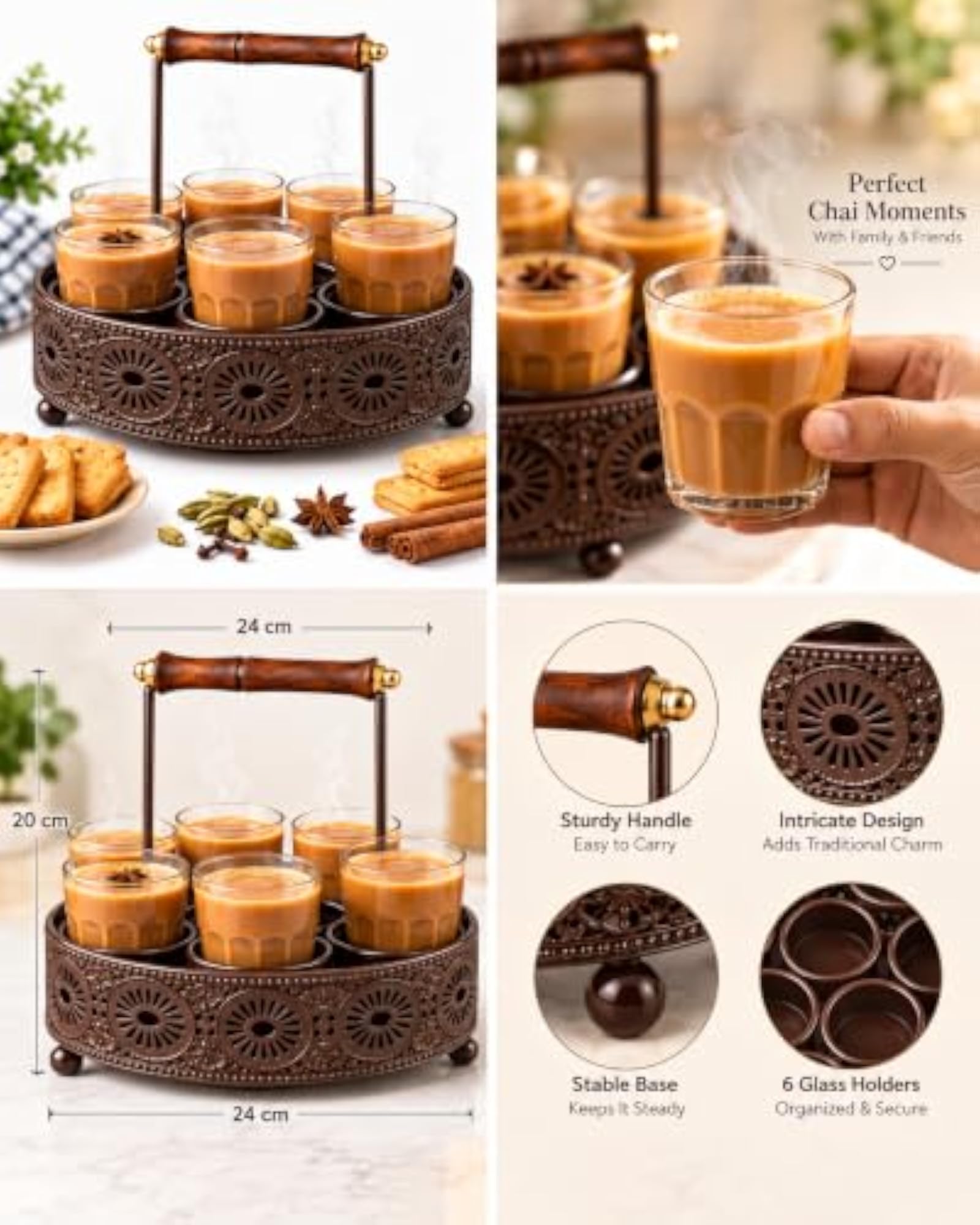 Cup Set 6 Cutting Chai Glasses with Serving Stand