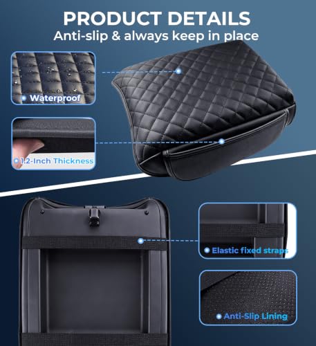 Image of Center Console Cover for Honda Pilot 2023-2026 & Passport /Ridgeline 2024-2026, 1.2-Inch Thick PU Leather Middle Armrest Cushion Protector Pad with 2 Side Pockets, Black