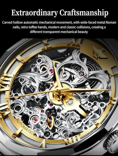 Image of OUPINKE Automatic Watch for Men Self Winding Skeleton Mechanical Luxury Tungsten Steel Bracelet Waterproof Date Day Wrist Watches