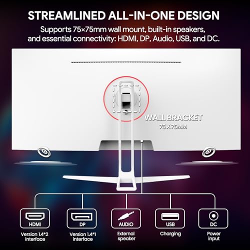 undefined CRUA 34'' Ultrawide Gaming Monitor 120HZ, 21:9 WFHD 2560X1080 IPS Panel Computer Monitors with Built-in Speakers, Support AMD FreeSync, 120% sRGB, DP1.4 & HDMI1.4, Wall Mountable Installs-White の商品画像 6