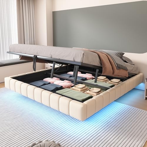 Generisch Cama tapizada de 180 x 200 cm, marco flotante hidráulico con espacio de almacenamiento, cama tapizada multifuncional sin cabecero con luz LED, lino beige