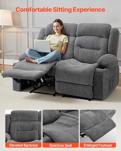 Image of VEVOR Loveseat Recliner Sofa, Manual Reclining Couch with Heating and Massage, Soft Corduroy Recliner Sofa with USB Ports, Cup Holders and Side Storage Bags, Dual Loveseat Chair for Living Room, Grey
