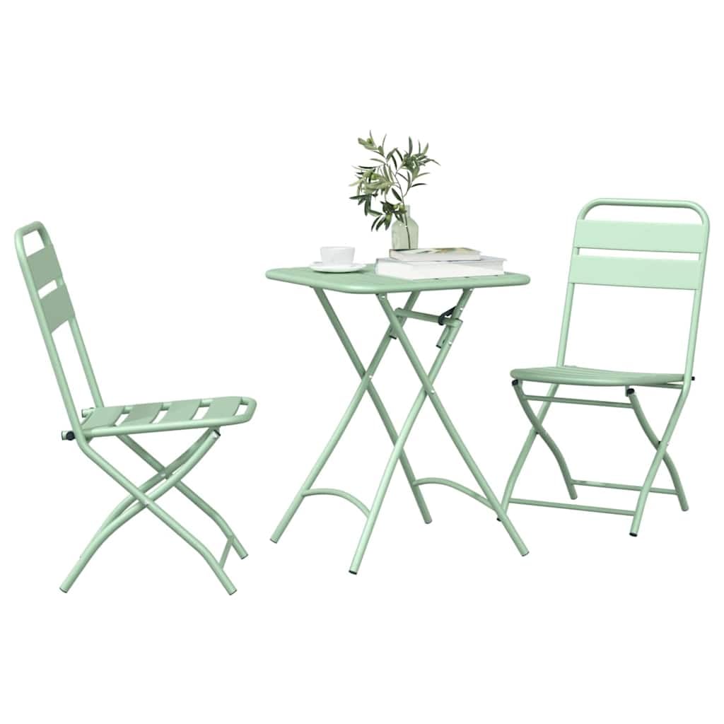 Set bistrot pieghevole in acciaio verde 3 pezzi con tavolo rettangolare e due sedie pieghevoli, design moderno per giardino, terrazza o balcone, compatto e facile da pulire.