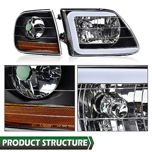 Image of GRAND ORANGE LED DRL strip Headlights Assembly Fit Ford Expedition 1997-2002 /Fit Ford F150 1997-2004 /Fit F250 1997-1999 Clear Lens Black Housing Amber Reflector