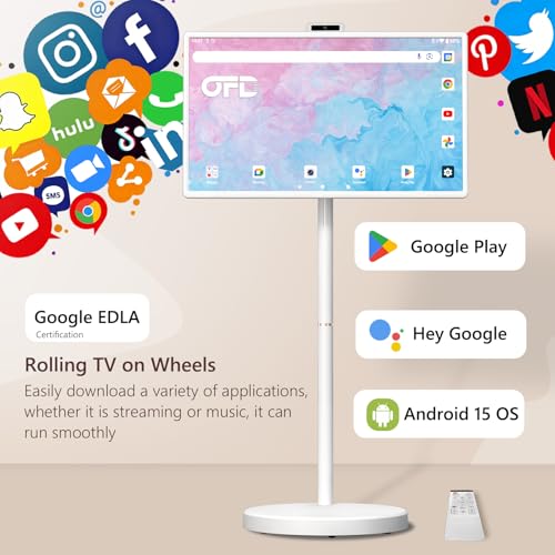 Image of OFD 32 inch Portable TV on Wheel FHD Touchscreen & Rolling Stand,Android 15 OS | Mobile TV for Home,6+128GB ROM,Built-in 38400 mAh Battery,8MP Webcam,10W Speaker,Voice Remote,EDLA-Certified,Rotation,White