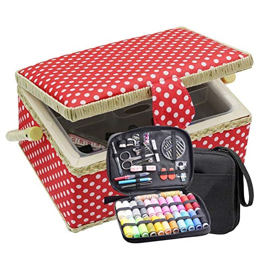Large Sewing Box with Travel Kit Sewing Basket Organizer with Accessories DIY Sewing Supplies Sewing Kits for Adults, Red