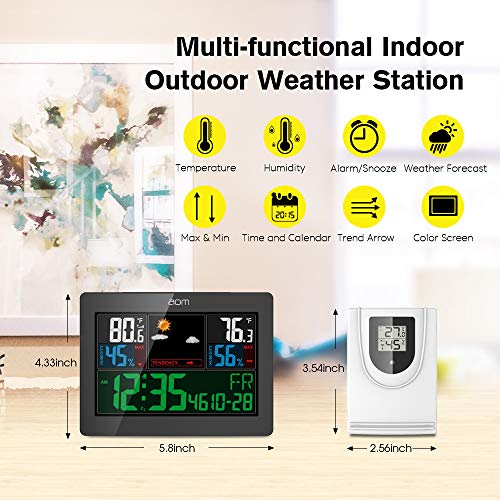 Weather Station Wireless Indoor Outdoor Weather Instruments with Color LCD Screen Thermometer and Moisture Alarm Clock Temperature and Humidity Monitoring for Home and Office