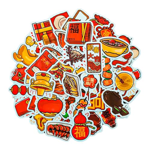 YHJUKKK Chinese Stickers Chinese Traditional Food Lucky Phrases Spring Festival Stickers Pack of 80 -Vinyl Decals Waterproof for Laptop |Bottle|Car