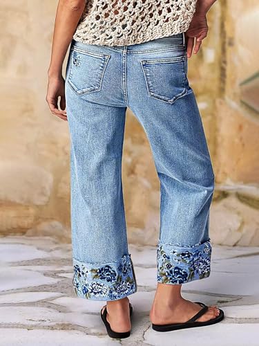 Flamingals High Waisted Straight Leg Cropped Jeans for Women Trendy Floral Embroidery Roll Raw Hem Casual Denim Ankle Pants4