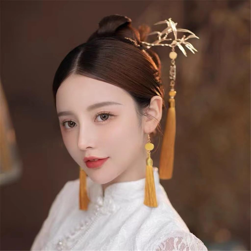 Bride Chinese Headdress Golden Tassel Hair Clasp Accessories Cheongsam Xiuhe Dress Ancient