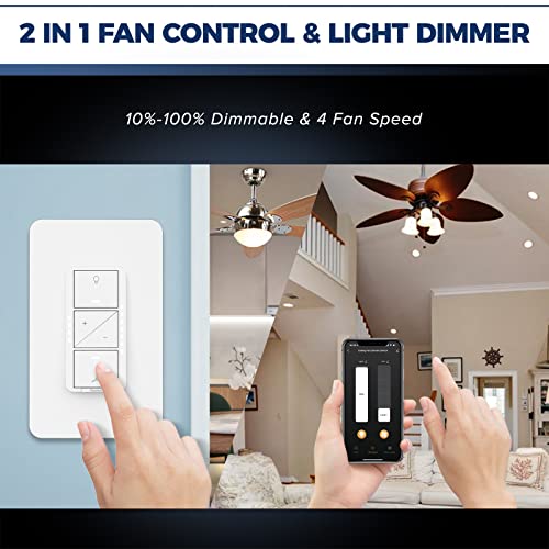 2 In 1 Smart Ceiling Fan Control And Light Dimmer Switch, Neutral Wire Needed, Single Pole 2.4Ghz Wi-Fi Fan Light Switch, Work With Alexa, Google Assistant, Smartthings, Timer, No Hub Required #TOP1