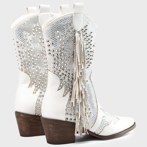Tsrenlmln Ankle Boots for Women Pointed Toe Rhinestone Boots Chunky Heel Rivet Western Cowboy Boots With Tassel Womens Cowgirl Booties Slip-On Short Boots2