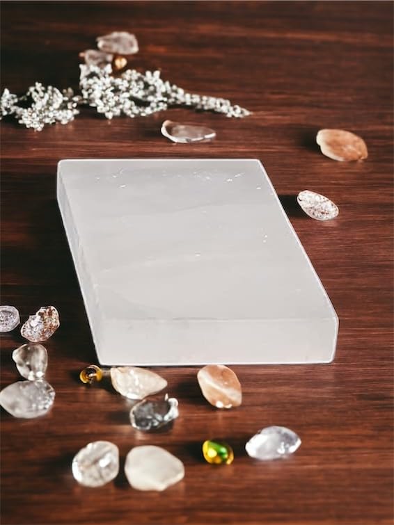 4All Plato rectangular de carga de cristal de selenita, rebanada blanca, 20 cm x 10 cm, piezas de declaración hechas a mano para meditación, limpieza y decoración del hogar (pulido)