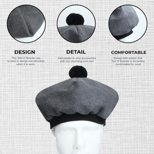 Image of Scottish Tam O' Shanter Hat Tartan Bonnet Pom Pom Wool Flat Cap One Size