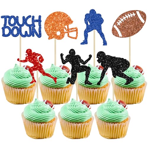Gyufise 28Pcs Rugby Ball Player Cupcake Toppers Rugby Cake Decorations for Soccer Player Theme Treats Food Decorations Rugby Ball Party Supplies