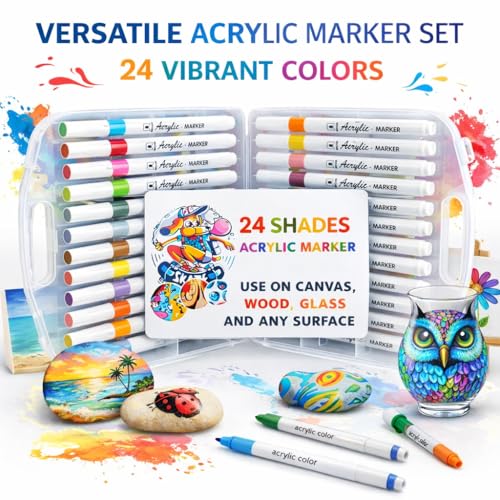 Image of Professional Acrylic Paint Markers Set, 24 Vibrant Colours, Brush Tip, Water-Based, Non-Toxic, for Rock Painting, Canvas, Glass, Wood, School Projects, with Portable Storage Case