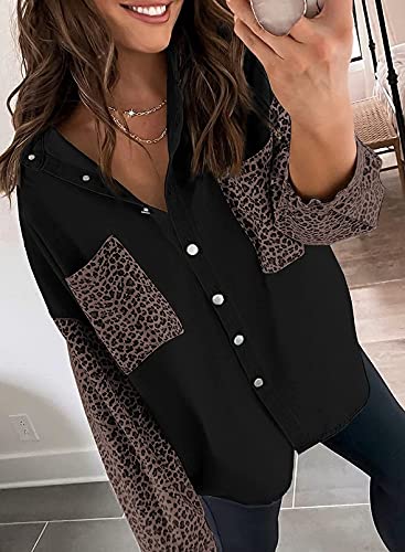 Happy Sailed Womens Plus Size Cheetah Jacket Western Fashion Leopard Contranst Denim Jacket Boyfirend Style Jean Jacket Casual Button Down Denim Shirts Black Xl #TOP6