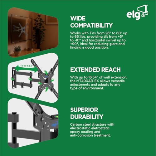 Image of ELG Full-Motion TV Wall Mount for 26-60 inch Flat & Curved TVs Single-Stud Articulating Bracket, 16.5 inch Extension, Tilt +5 /-10, Swivel 90, VESA 400x400, Holds Upto 30 Kgs.with Hardware Kit- MT400AR-EX