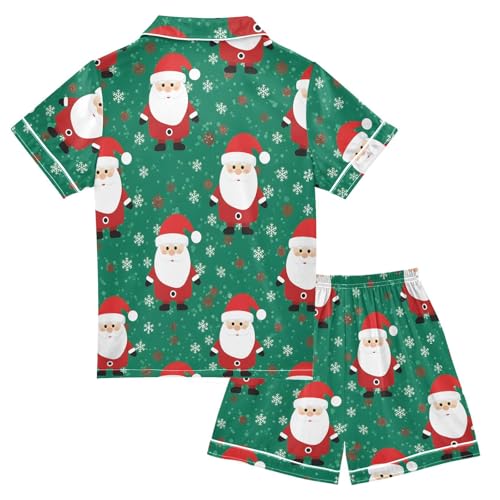 Satin Pajama Sets Short Sleeve Santa Claus on Green Background Button Down Silky Nightwear 2 Piece PJS 5-14Y2