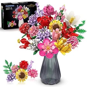 Flower Bouquet Building Set, 1464 PCS Botanical Collection Building Block Toy, 18 Flowers Rose Sunflower Home Plant Decor, Birthday Gifts for Adults Women Boys Girls 8-12+