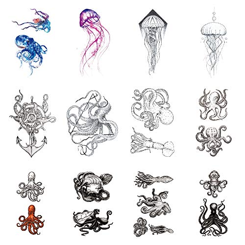 SanerLian Jellyfish Octopus Temporary Tattoo Sticker Squid Fake Tatoo Cartoon Boys Girls Kids Party Favor Hand Arm Waterproof 10.5X6cm Set of 12 (color1)