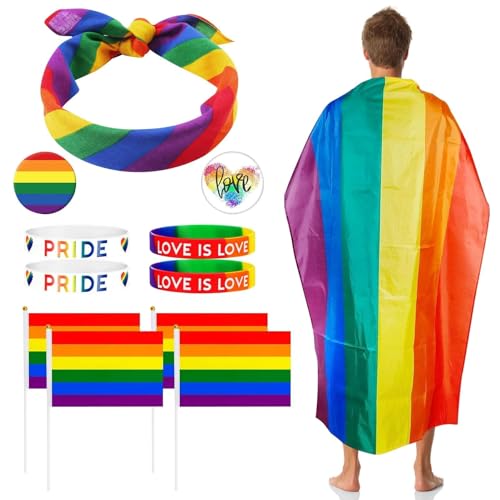 12 Stück Gay Pride Accessoire Regenbogen Umhang, LGBT Regenbogen Gay Pride Set mit Stirnband Flaggen Armband Button Pins, Pride Month Deko für Frauen Männer Gaypride Feiern Festival