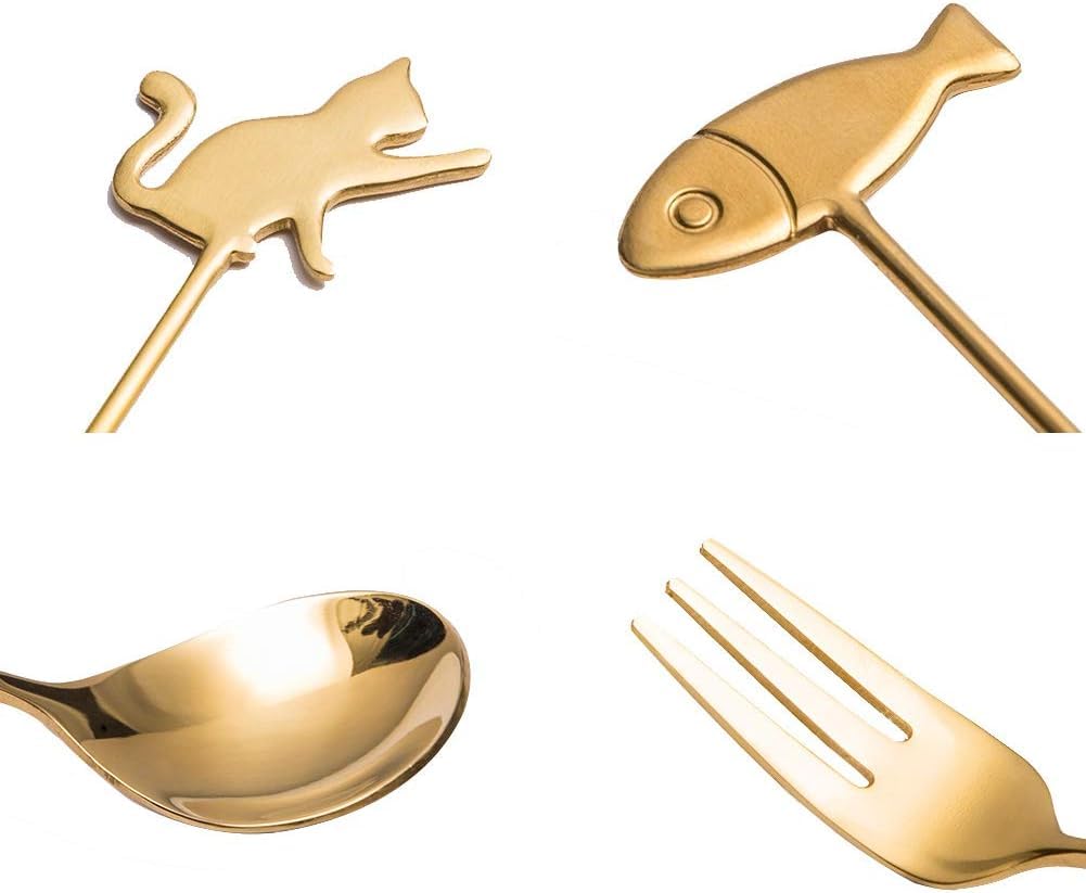 Cucharas de café y tenedores for pasteles, juego de 4 piezas de cubiertos de postre Lindo juego de 2 tenedores y 2 cucharas de acero inoxidable dorado Tenedor for ensalada de frutas Postre Pastel Café