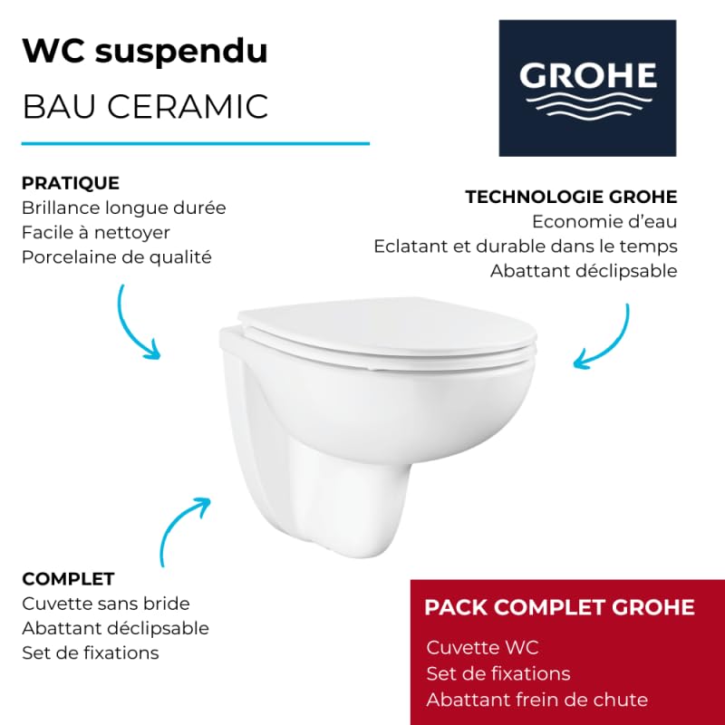GROHE Bau Keramik - Set de inodoro de pared sin bordes con asiento de