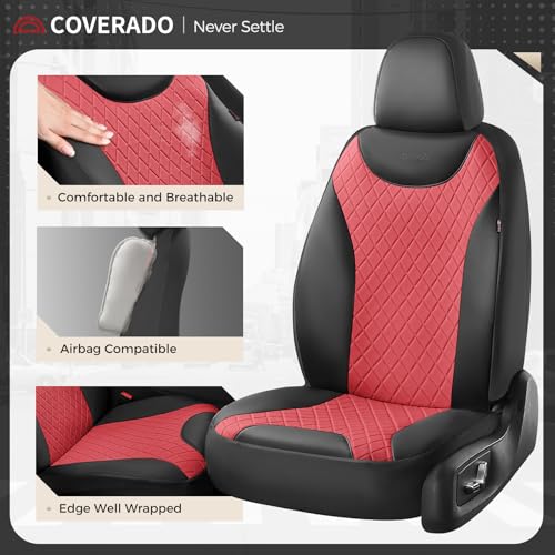 Image of Coverado Front and Back Seat Covers, 5 PCS Leather Seat Covers for Cars, Car Seat Protectors with Splicing Design,Universal Car Seat Cushions Waterproof Seat Covers Fit for Most Cars, Black & Red